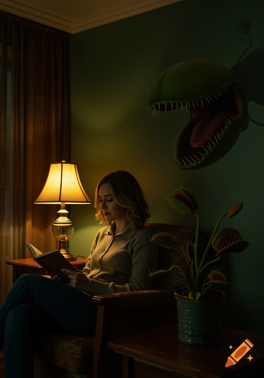 A woman reads a book by lamplight while a large, menacing Venus flytrap monster looms behind her.