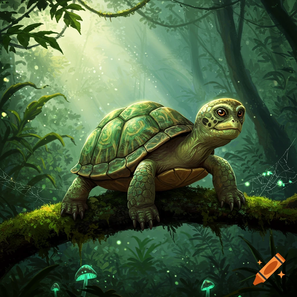 A detailed illustration of a green turtle perched on a mossy branch in a mystical, sunlit jungle.