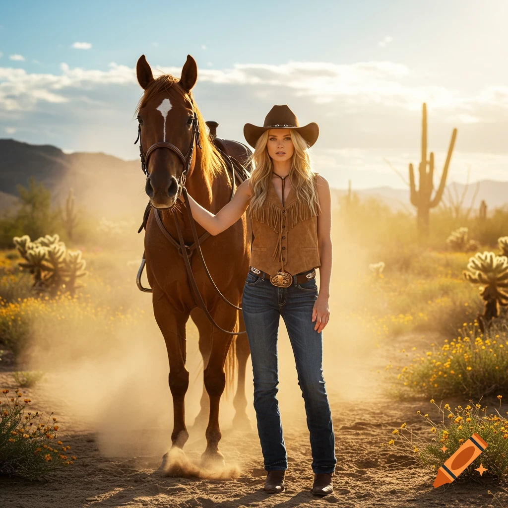 A blonde cowgirl in a hat and fringed vest stands next to a horse in a dusty, sunlit desert landscape with cacti.