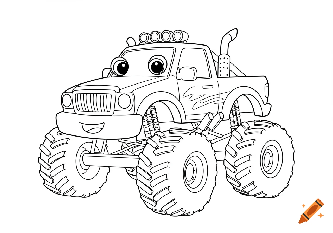 A black and white line art drawing of a cute, friendly cartoon monster truck with large wheels, designed as a coloring page.