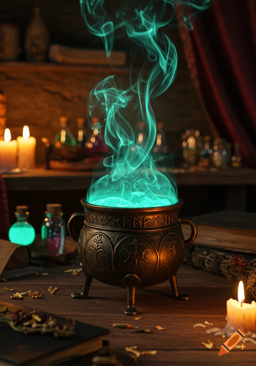 A close-up shot of an ornate bronze cauldron emitting bright green smoke, surrounded by candles and potion bottles on a wooden table.