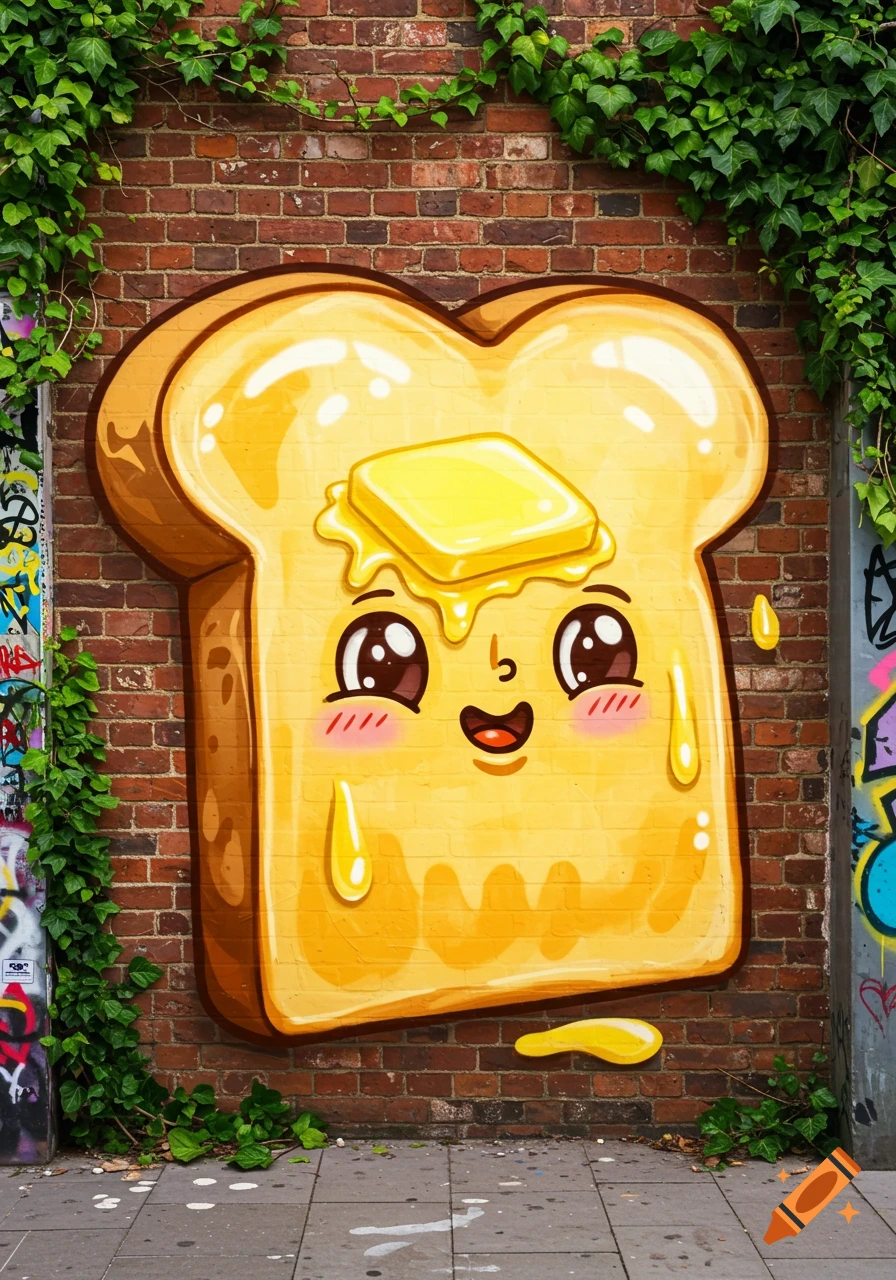 A cute, cartoon slice of toast with melting butter and a smiling face painted as graffiti on a brick wall with ivy.