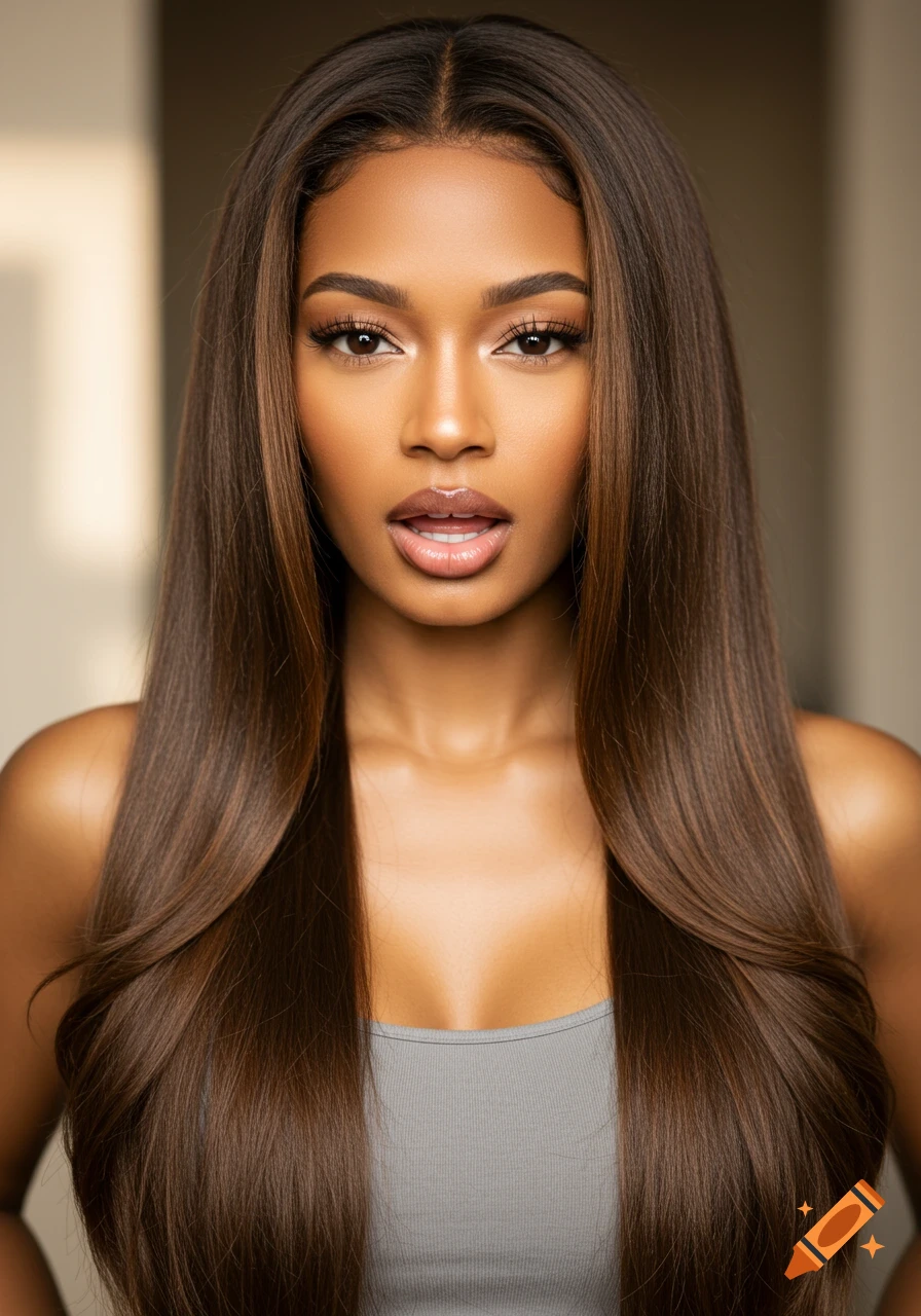 Close-up photorealistic portrait of a woman with long brown hair and slightly parted lips, wearing a gray tank top.