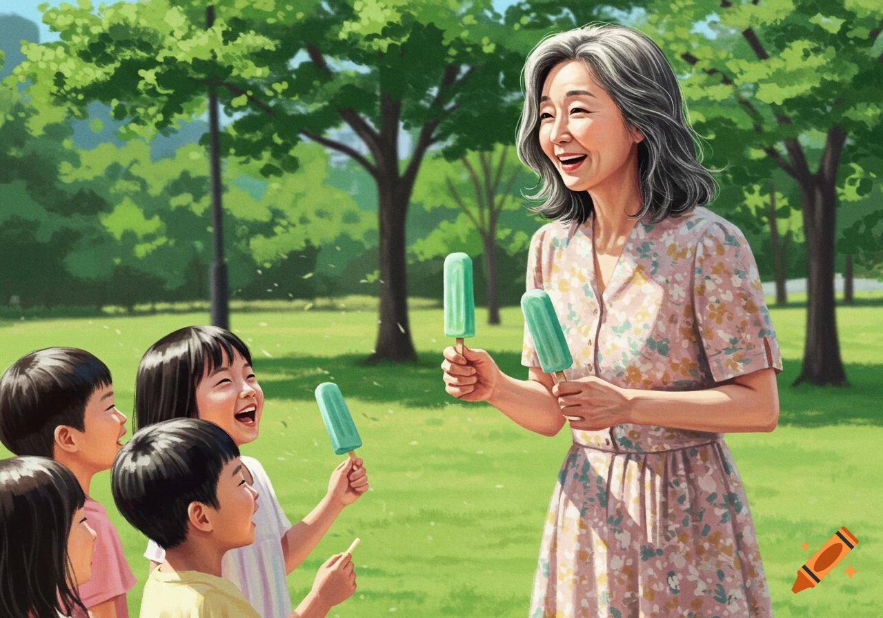 A joyful elderly woman gives popsicles to laughing children in a sunny park with green trees.
