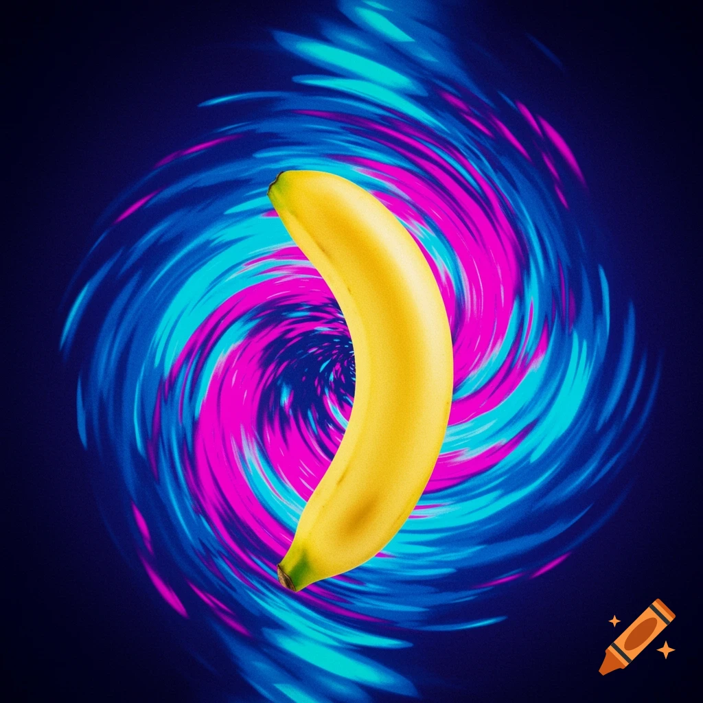 A yellow banana against a vibrant blue and pink swirling abstract background.