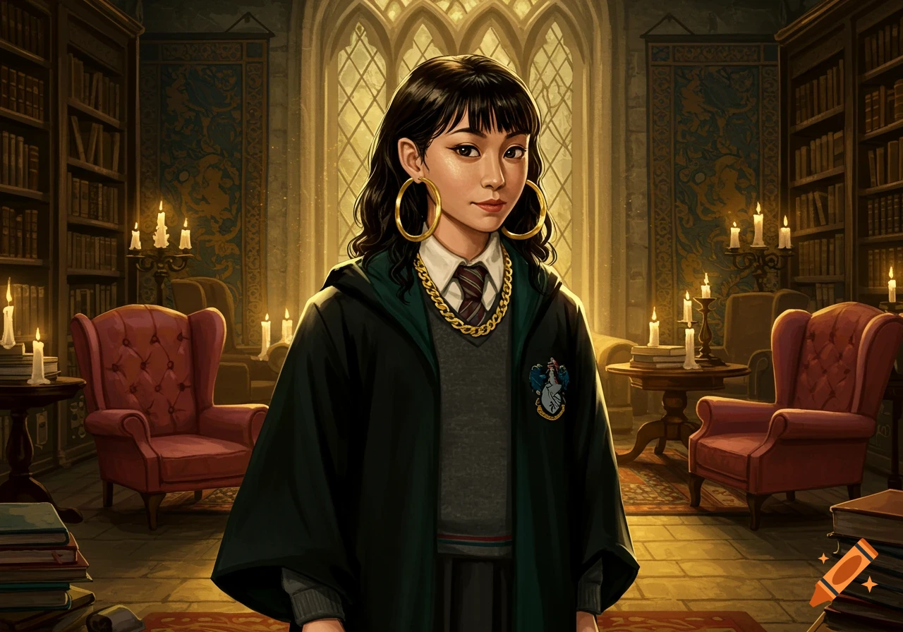 A young woman with dark hair, large gold hoop earrings, and a gold chain, wearing a wizarding robe in a candlelit library.