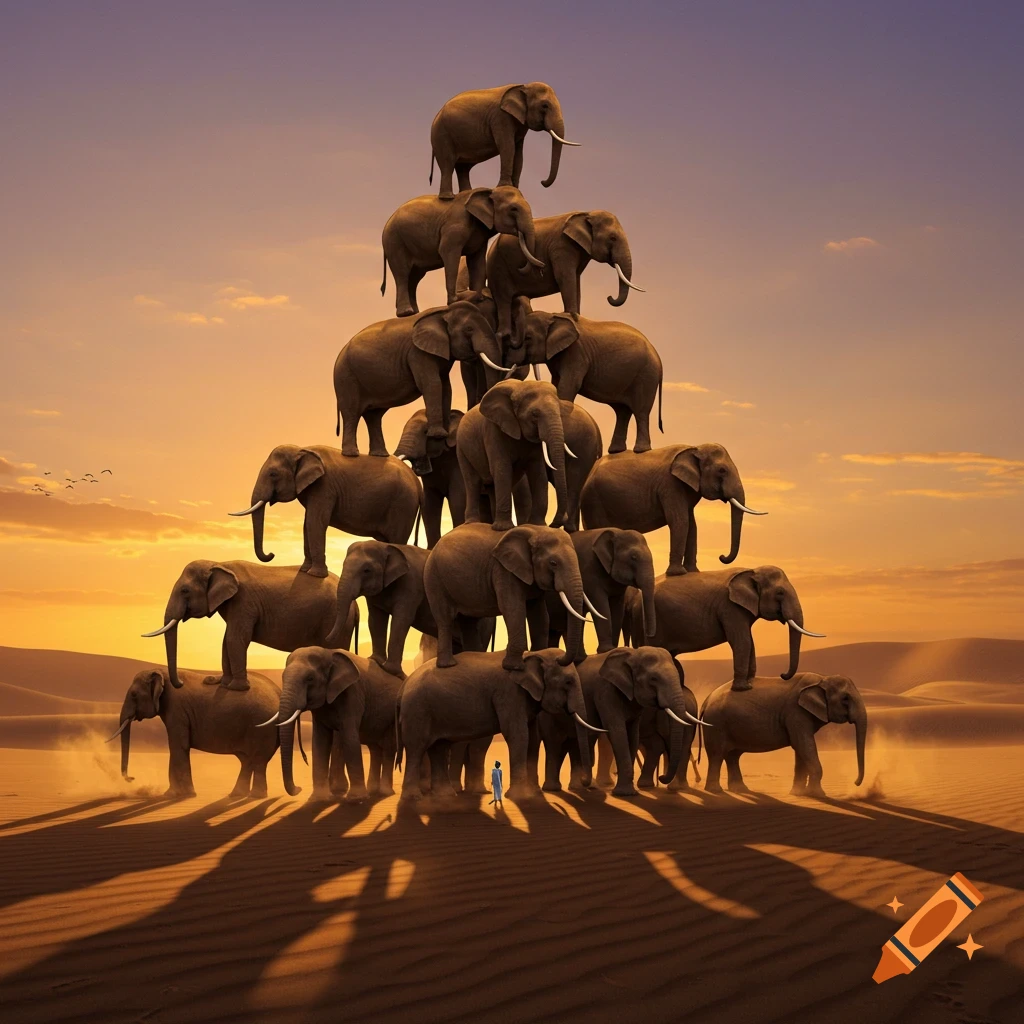 A large pyramid of elephants stacked on top of each other in a desert landscape at sunset, with a tiny person standing at the base.