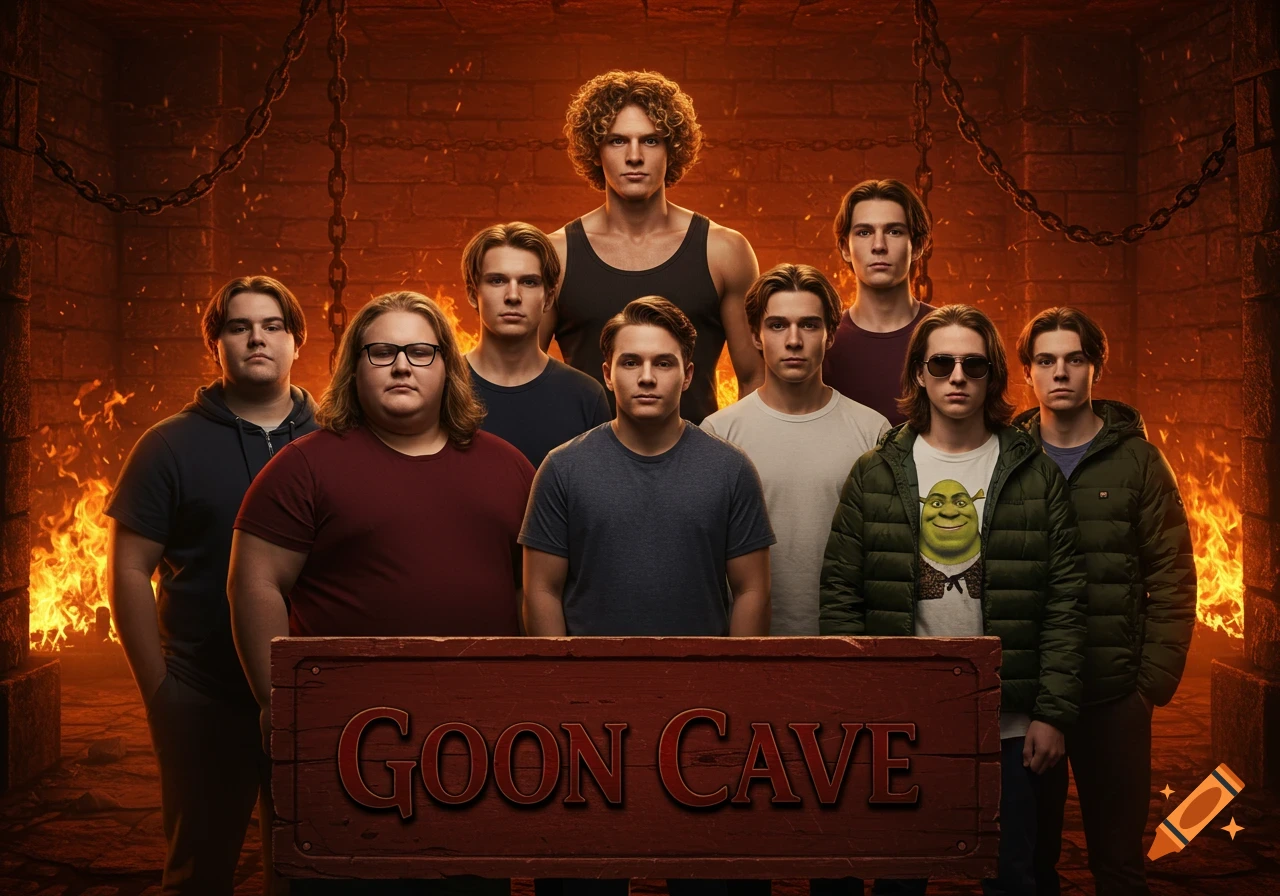 A group of eight young men in a photorealistic dungeon setting with fire and chains, standing behind a wooden sign that says 'GOON CAVE'. One man wears a Shrek shirt.