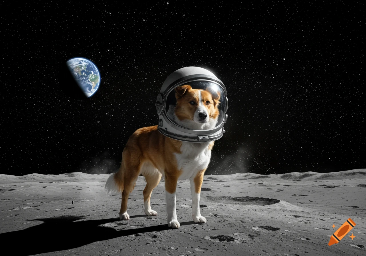 A photorealistic image of a dog wearing a space helmet, standing on the moon's surface with Earth visible in the dark starry sky.