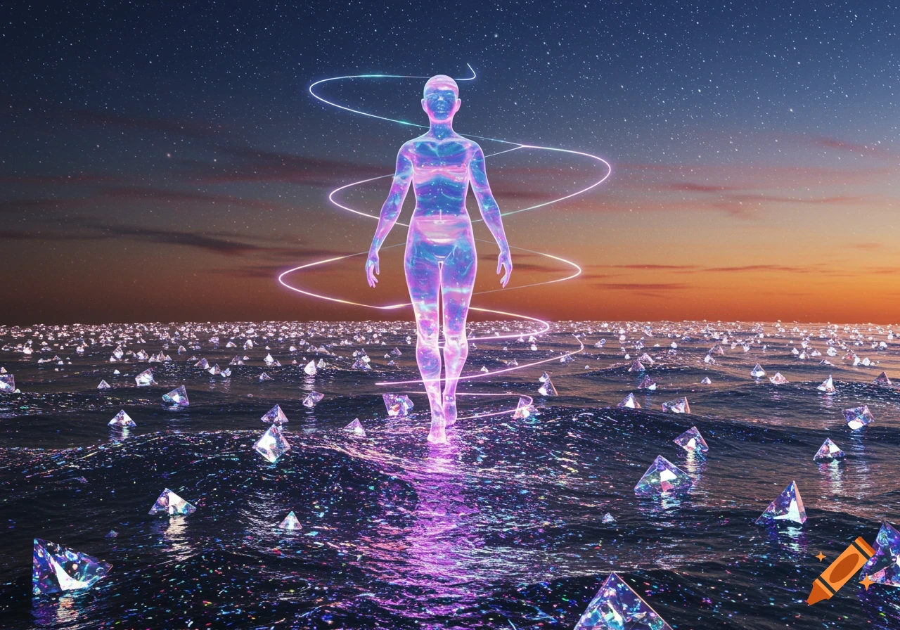 A glowing, translucent humanoid figure walks on a dark, sparkling sea filled with diamonds under a starry sunset sky.
