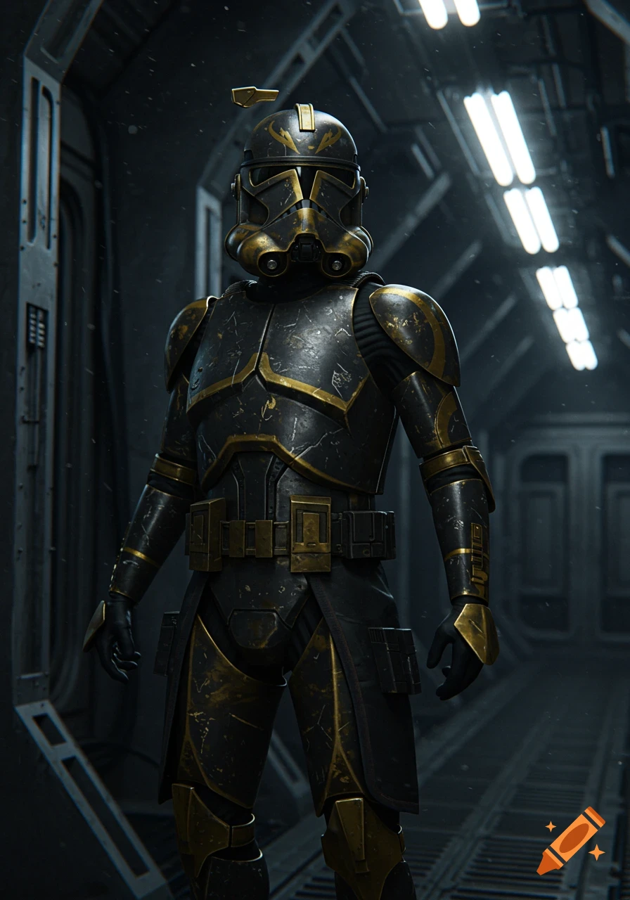 A photorealistic image of a black and gold clone trooper standing in a dark, futuristic spaceship corridor.