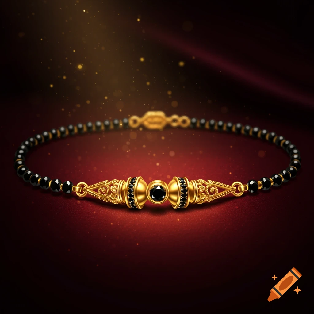 A gold and black beaded mangalsutra bracelet with ornate gold detailing and a central black stone, set on a red background with sparkling lights.