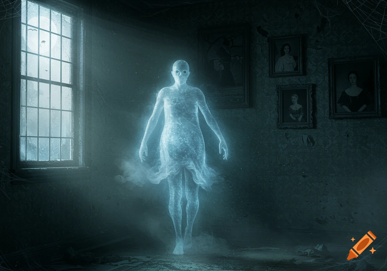 A glowing blue ethereal ghost floats in a dusty, derelict room with a large window and framed portraits.