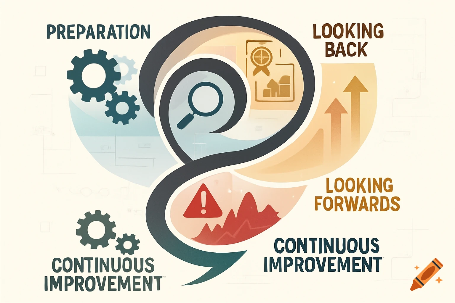 An infographic diagram illustrating a continuous improvement cycle with sections for preparation, looking back, looking forwards, and continuous improvement.