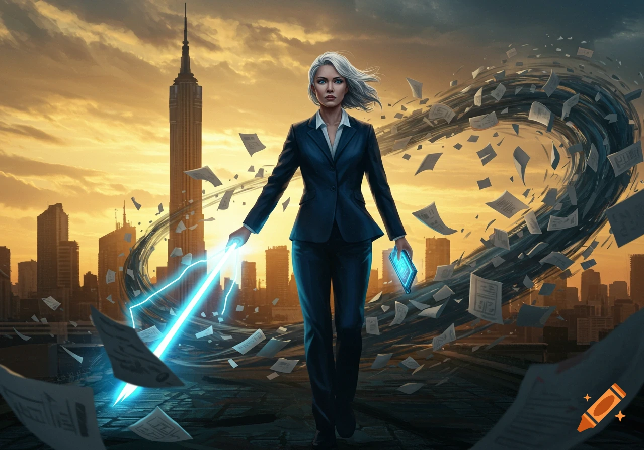 A powerful woman in a business suit stands in a city at sunset, wielding a glowing blue sword as papers swirl around her in a vortex.