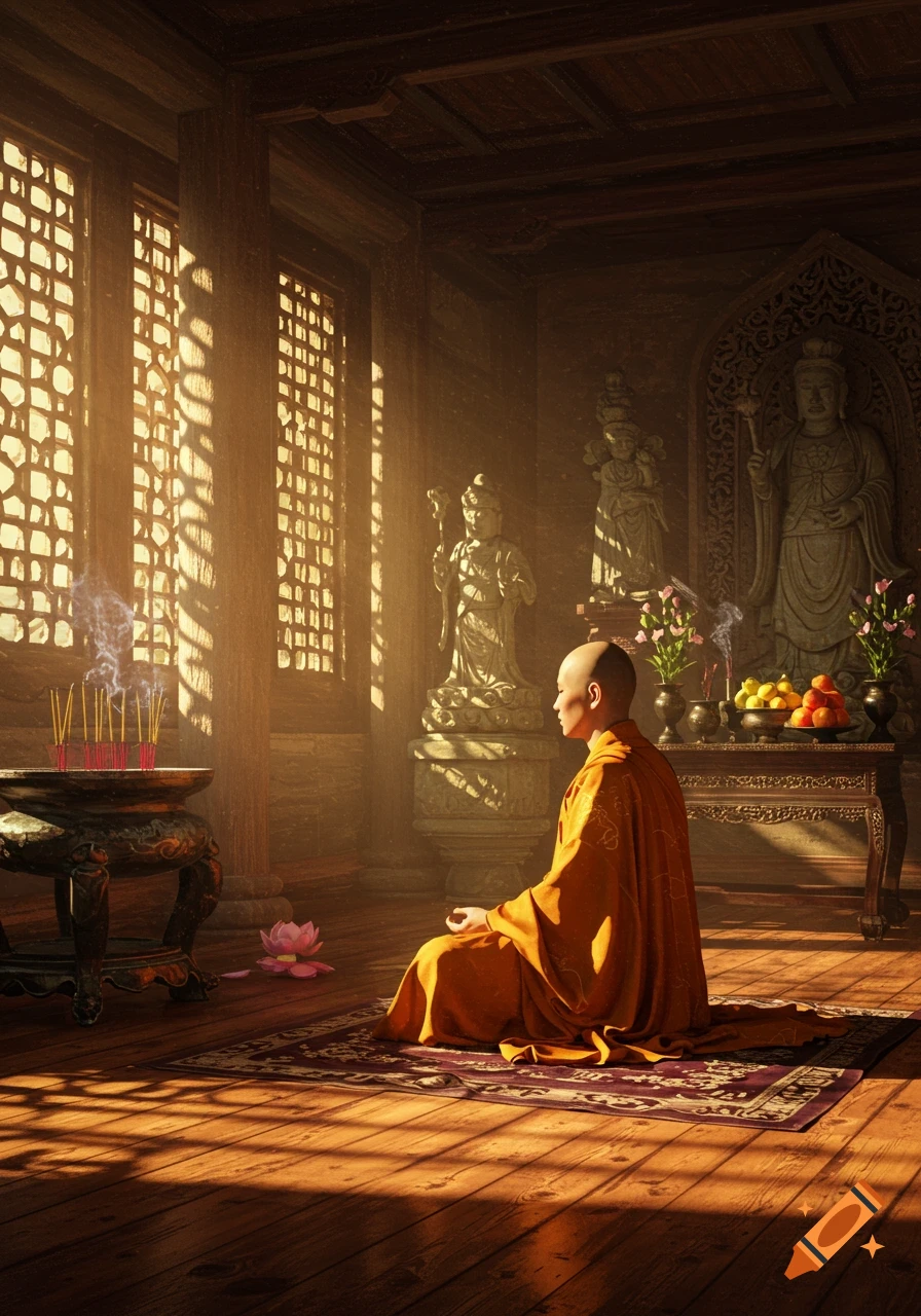 A bald monk in an orange robe meditates on a patterned rug in a sunlit temple with statues and incense.