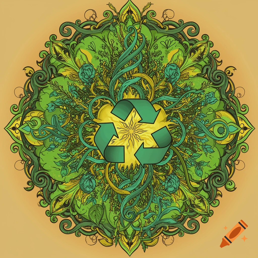 An ornate green and yellow mandala-style illustration featuring a recycling symbol at its center, surrounded by swirling natural elements.