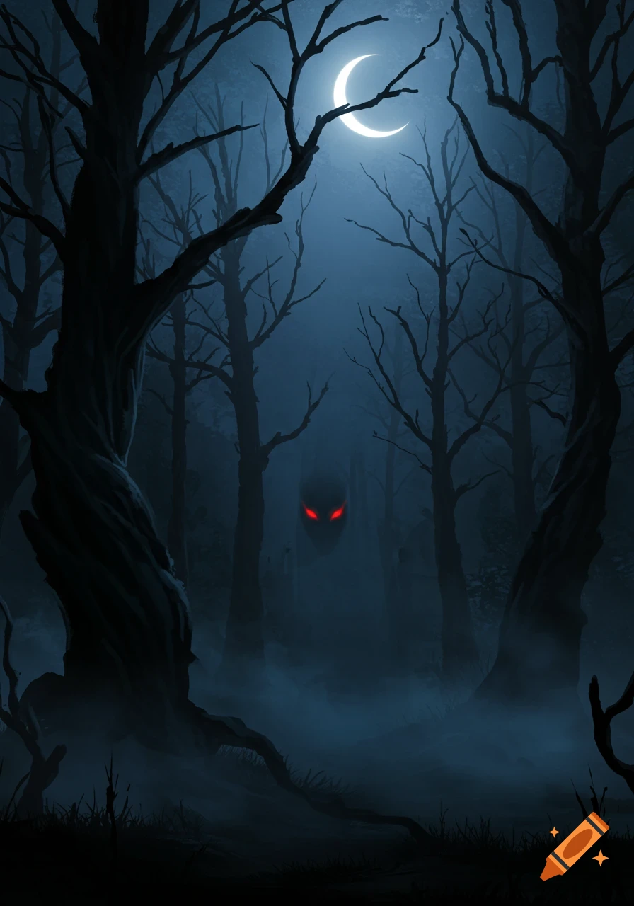 A dark, spooky forest at night with silhouetted trees, a glowing crescent moon, and eerie red eyes peering from the mist.