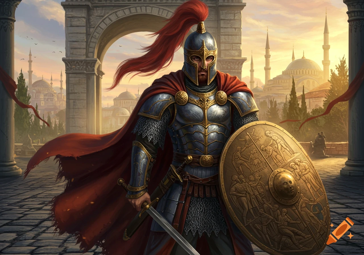 A Byzantine soldier in elaborate armor and red cape, holding a sword and ornate shield, stands in an ancient city at sunset. Digital painting.