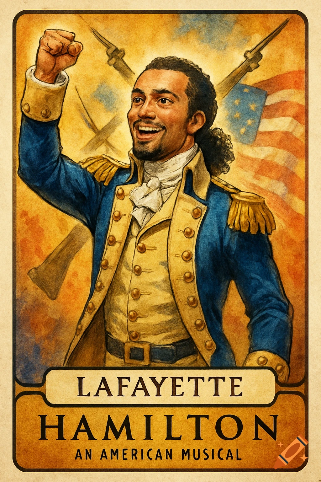 A vintage-style poster for the musical Hamilton, featuring Lafayette with his arm raised in a blue uniform.