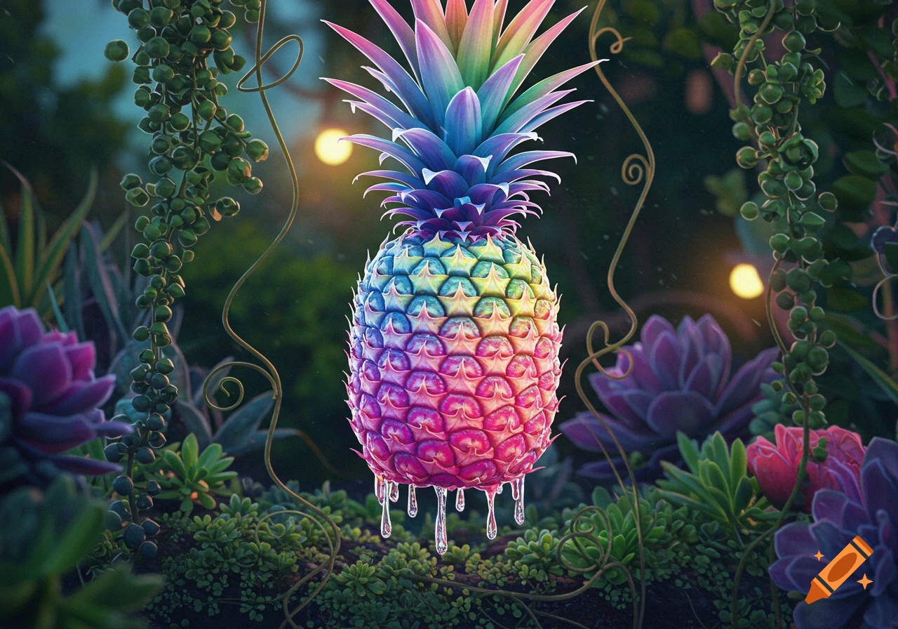 A vibrant, rainbow-colored pineapple with dripping liquid, suspended in a lush, magical garden with succulents and vines.