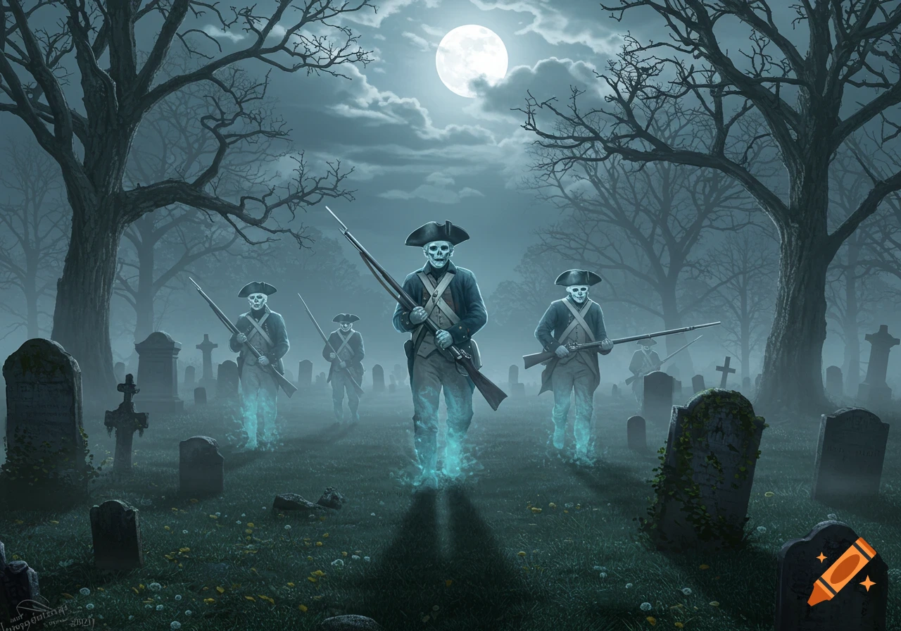 Ghostly American Revolution soldiers with skeletal faces, muskets, glowing blue legs, emerge from a misty graveyard under a full moon.