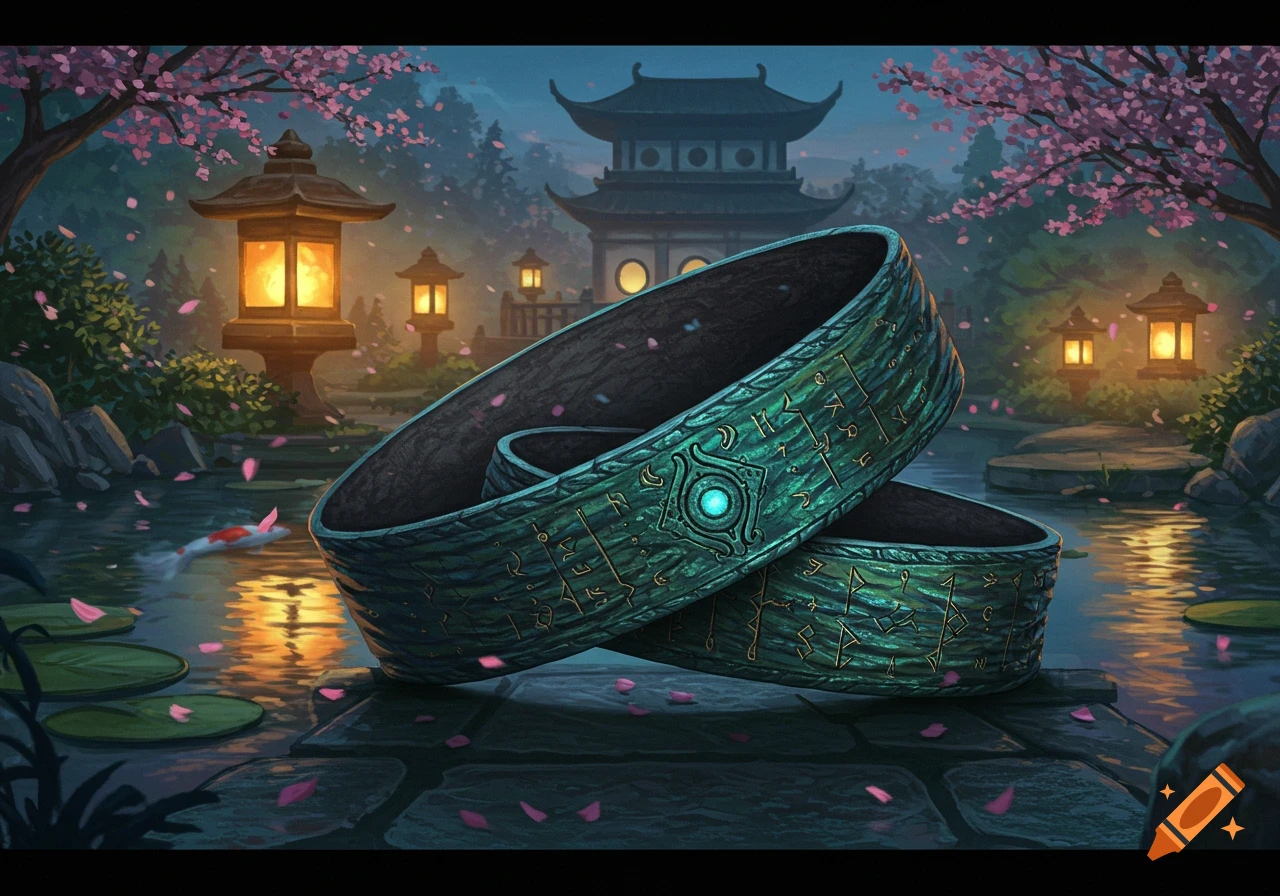 A magical green belt with glowing runes rests on a stone path in a serene Japanese garden with cherry blossoms, glowing lanterns, and a pagoda at dusk.