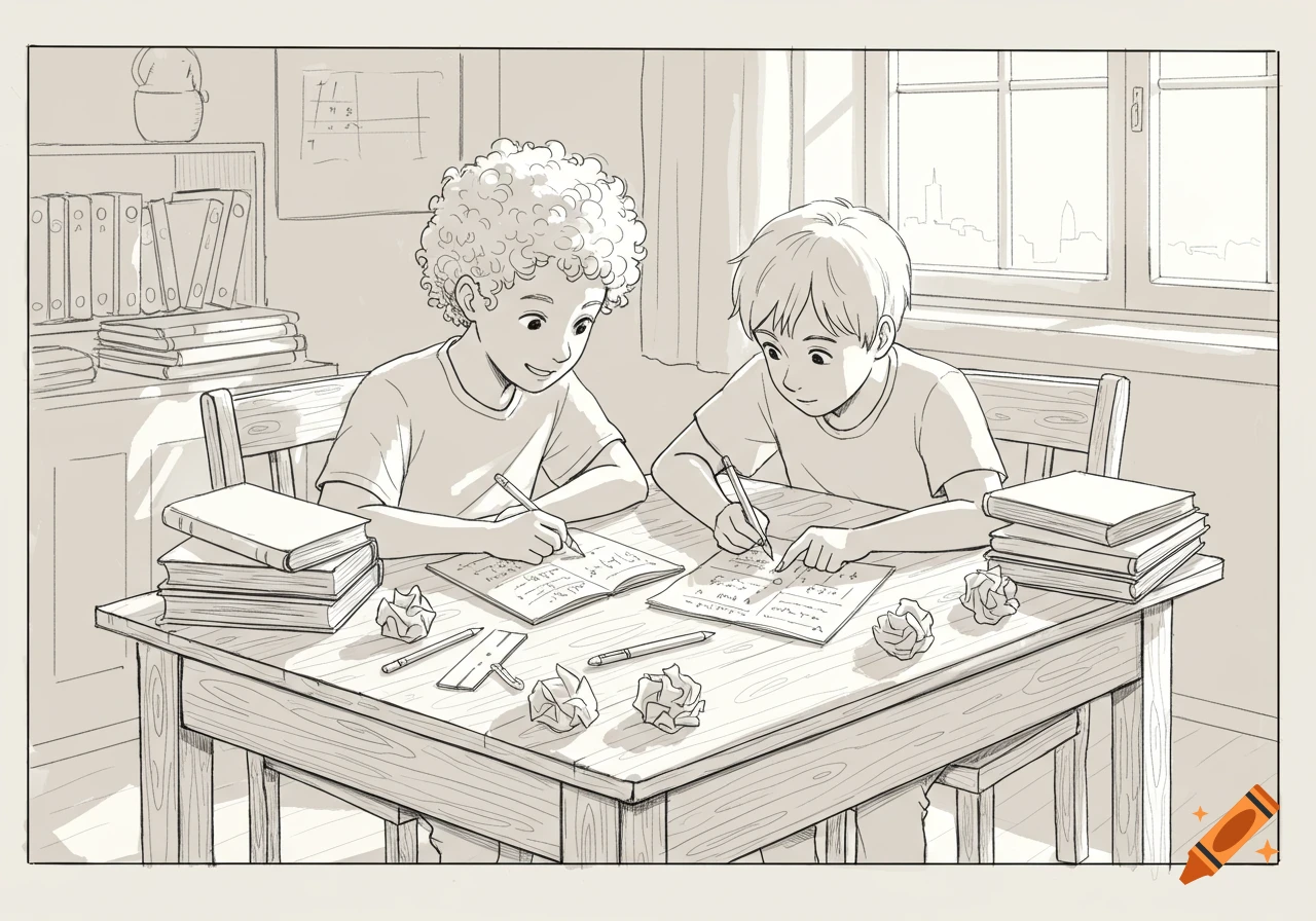 Two young boys in a line drawing style sit at a desk, writing in notebooks while studying together.