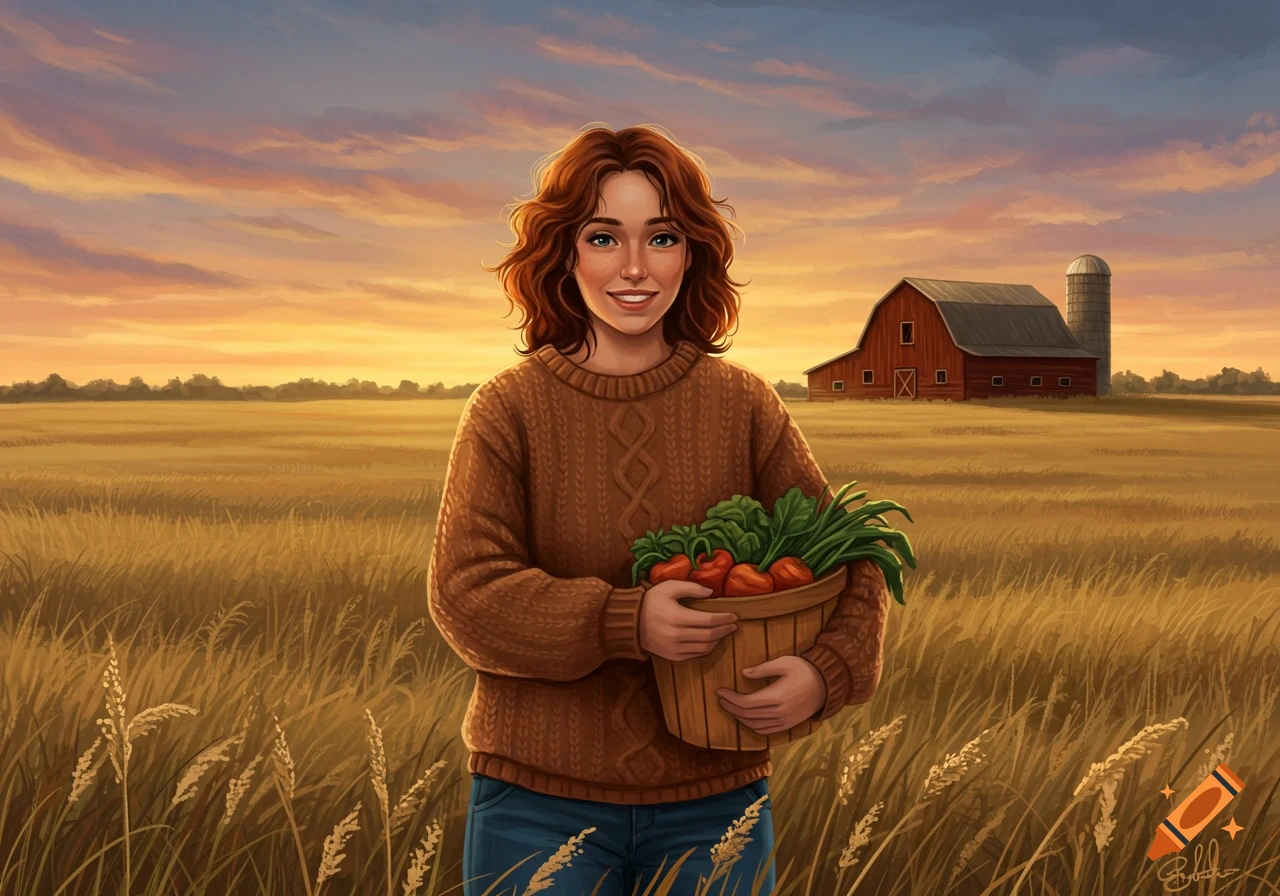 A smiling woman with reddish-brown hair stands in a golden field, holding a basket of vegetables, with a red barn and silo in the background at sunset, digital painting.