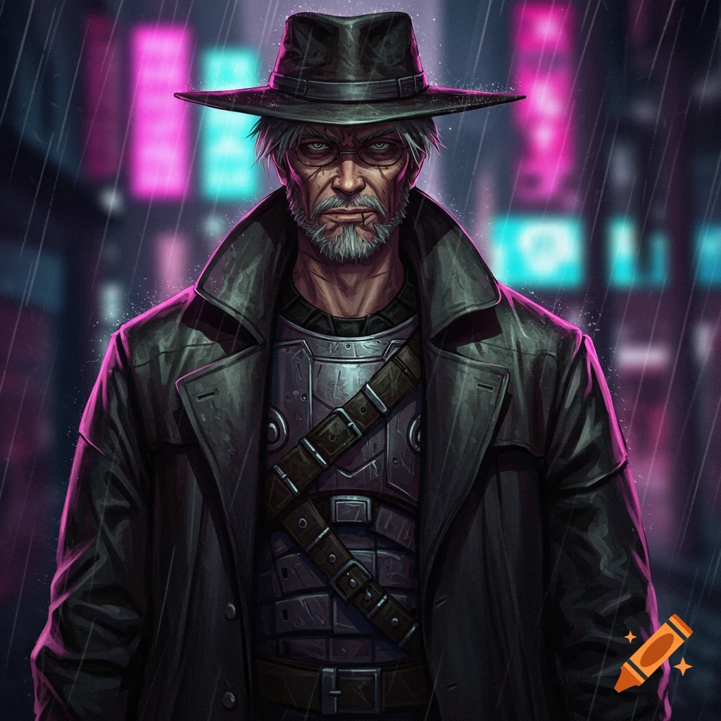 A grizzled man with white hair and beard, wearing a dark trench coat and hat, stands in the rain against a neon-lit cyberpunk city background in an anime style.