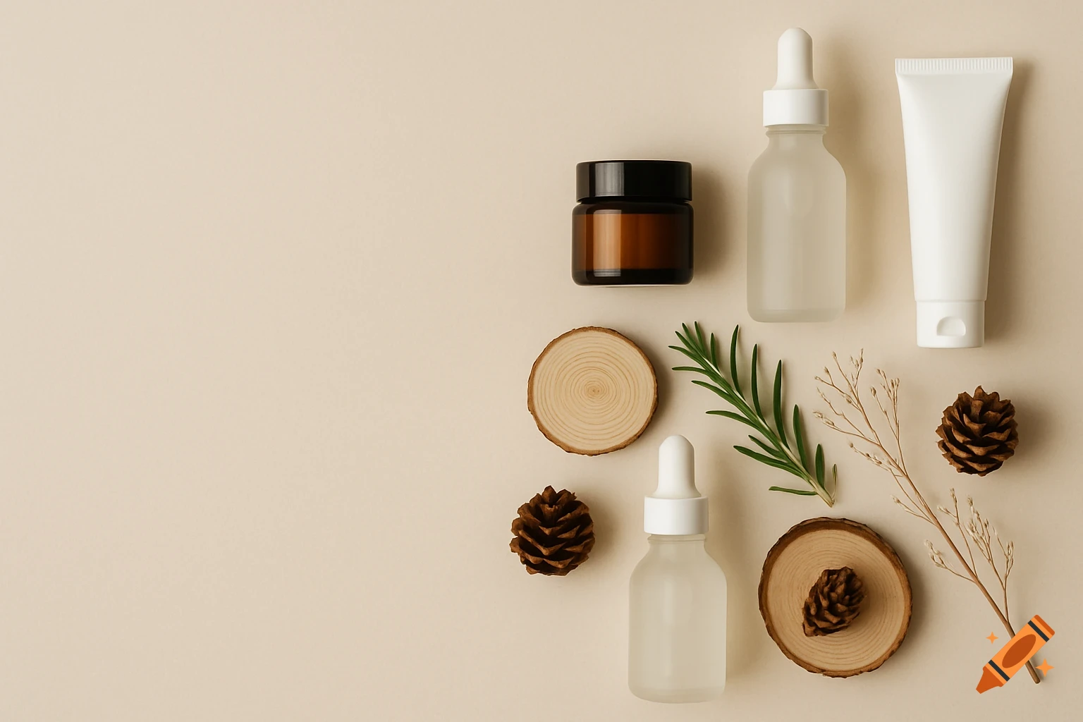 Flat lay of minimalist skincare products including bottles, jars, and a tube, styled with wood, pinecones, and rosemary on a beige background.