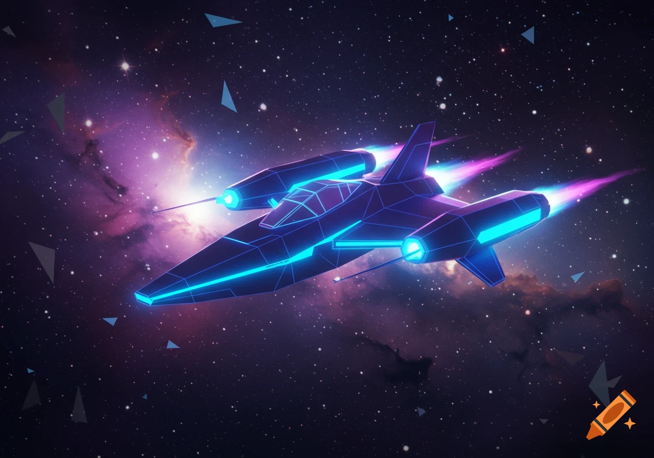 Polygonal neon starfighter with blue and purple lights flying through a starry, purple nebula.