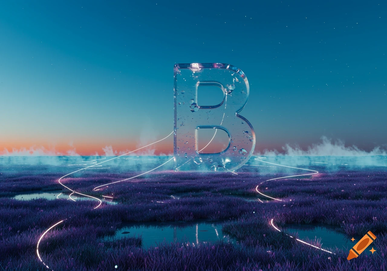 A large, clear letter B stands in a purple grassy field with glowing lines under a blue and orange sky.