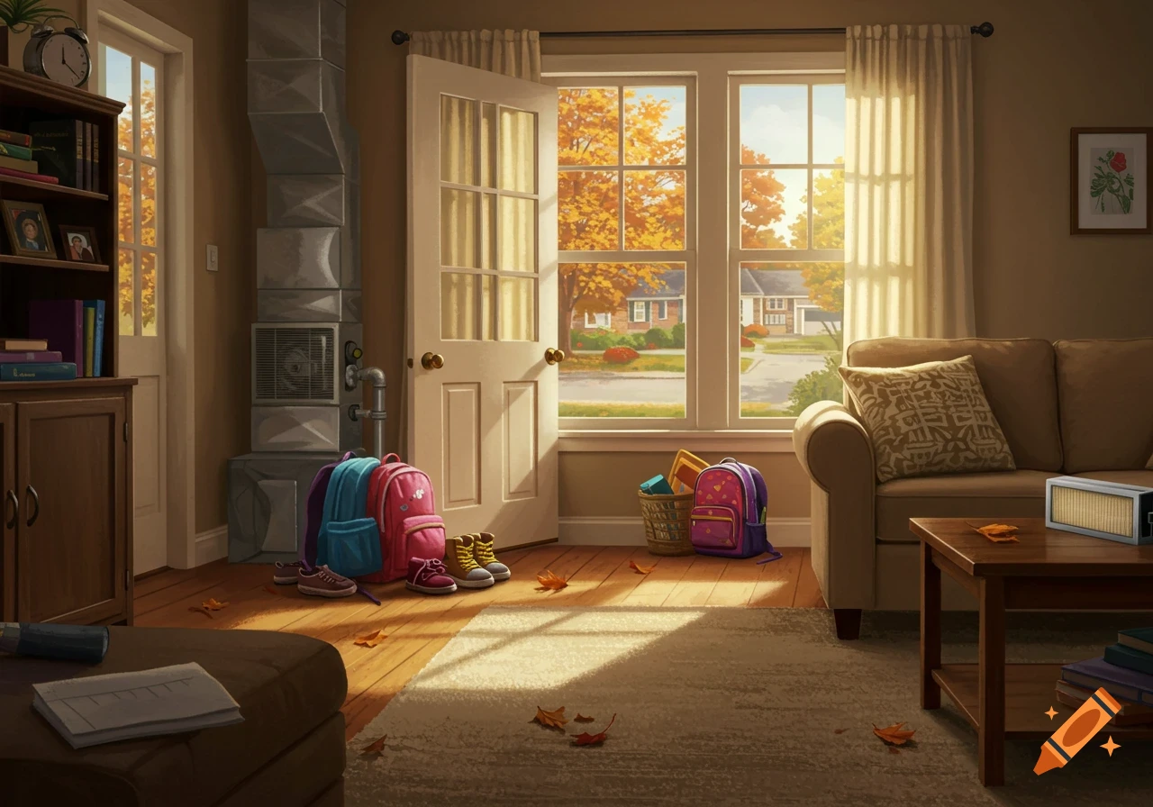 A cozy living room with sunlight streaming through a window, revealing an autumn street scene outside. School backpacks and shoes are by the open front door.
