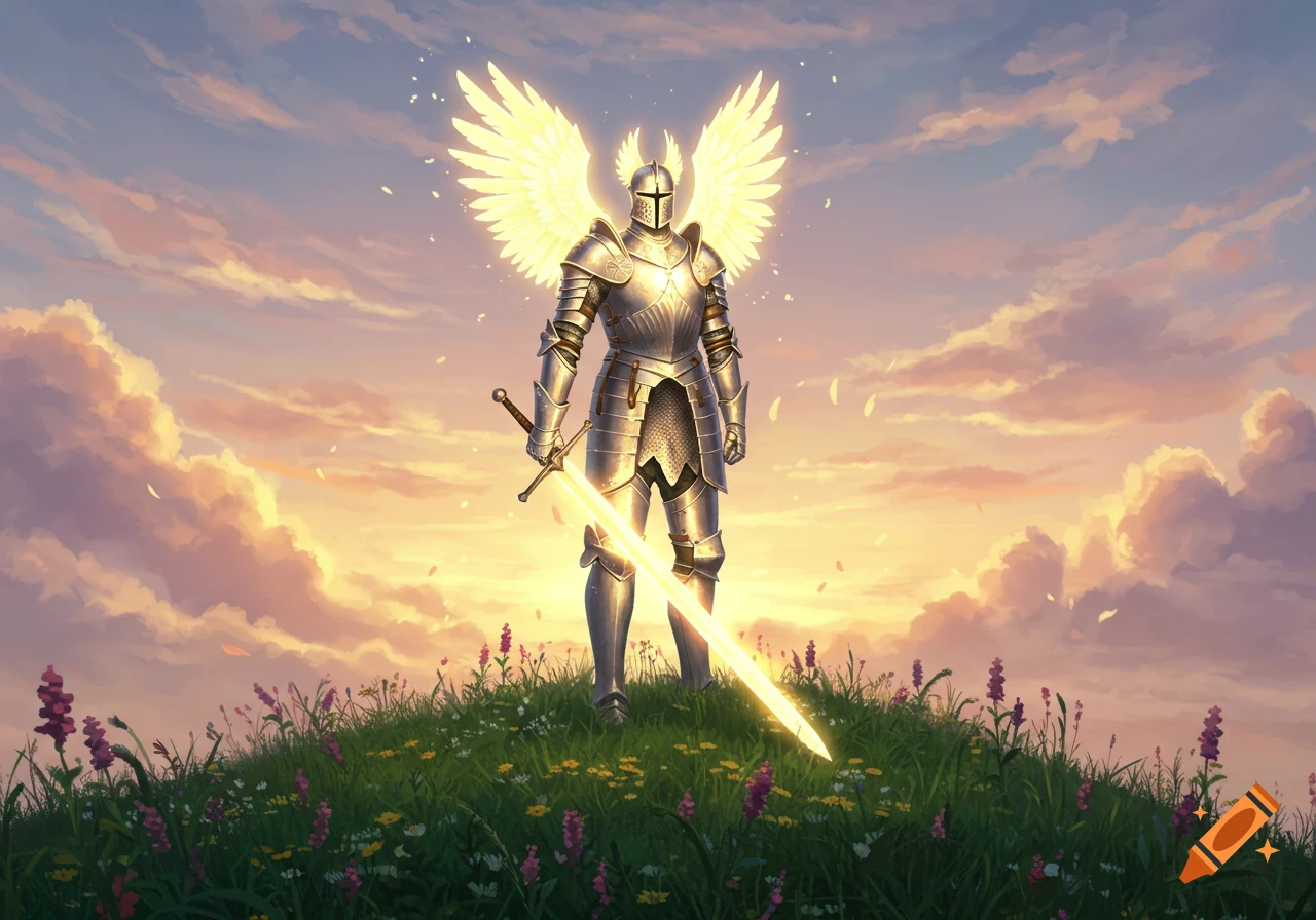 A radiant knight in shining armor with glowing wings stands on a grassy hill, holding a luminous sword, against a sunset sky.