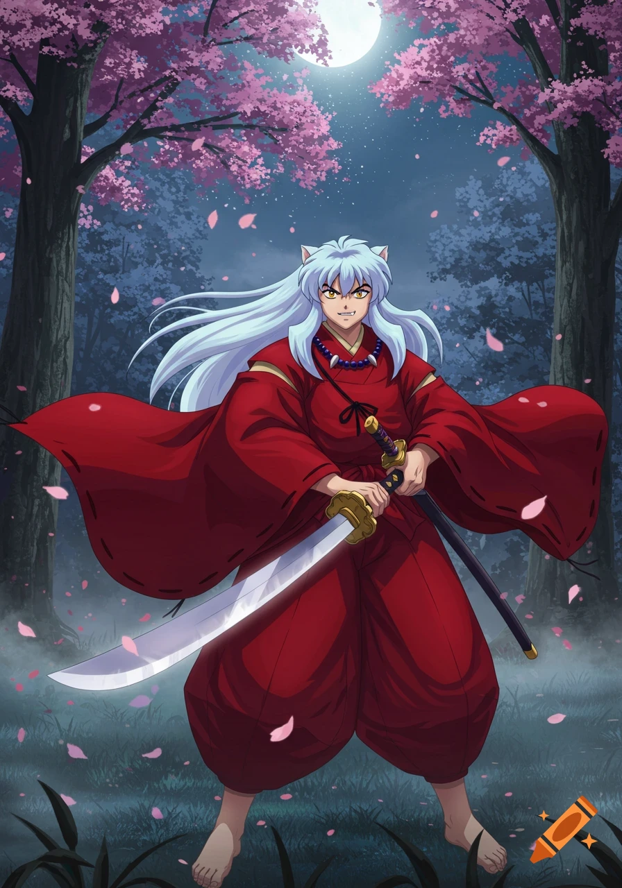 Anime character Inuyasha in a red kimono, holding a sword in a moonlit forest with cherry blossoms.