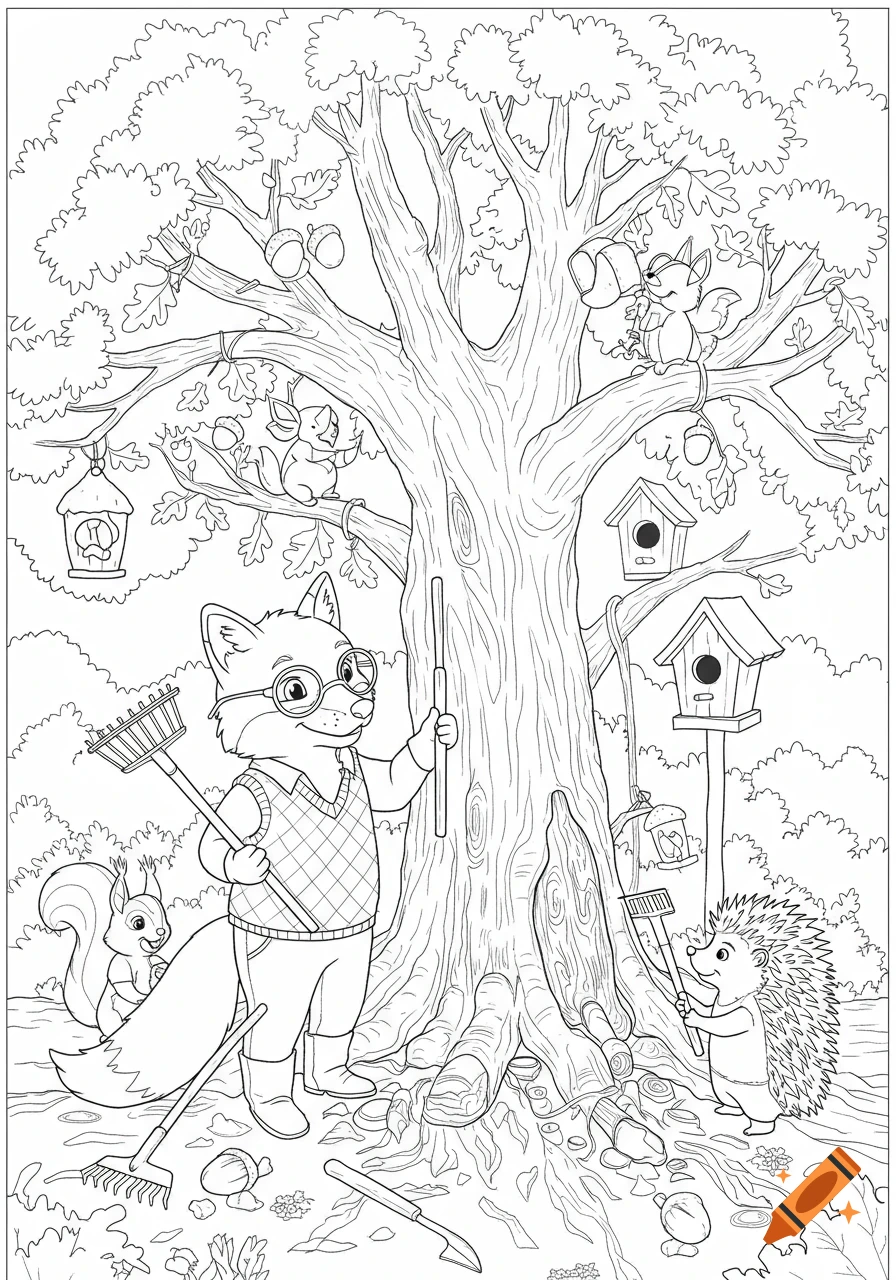 A black and white coloring book illustration of a fox arborist and woodland helpers working around a large tree.