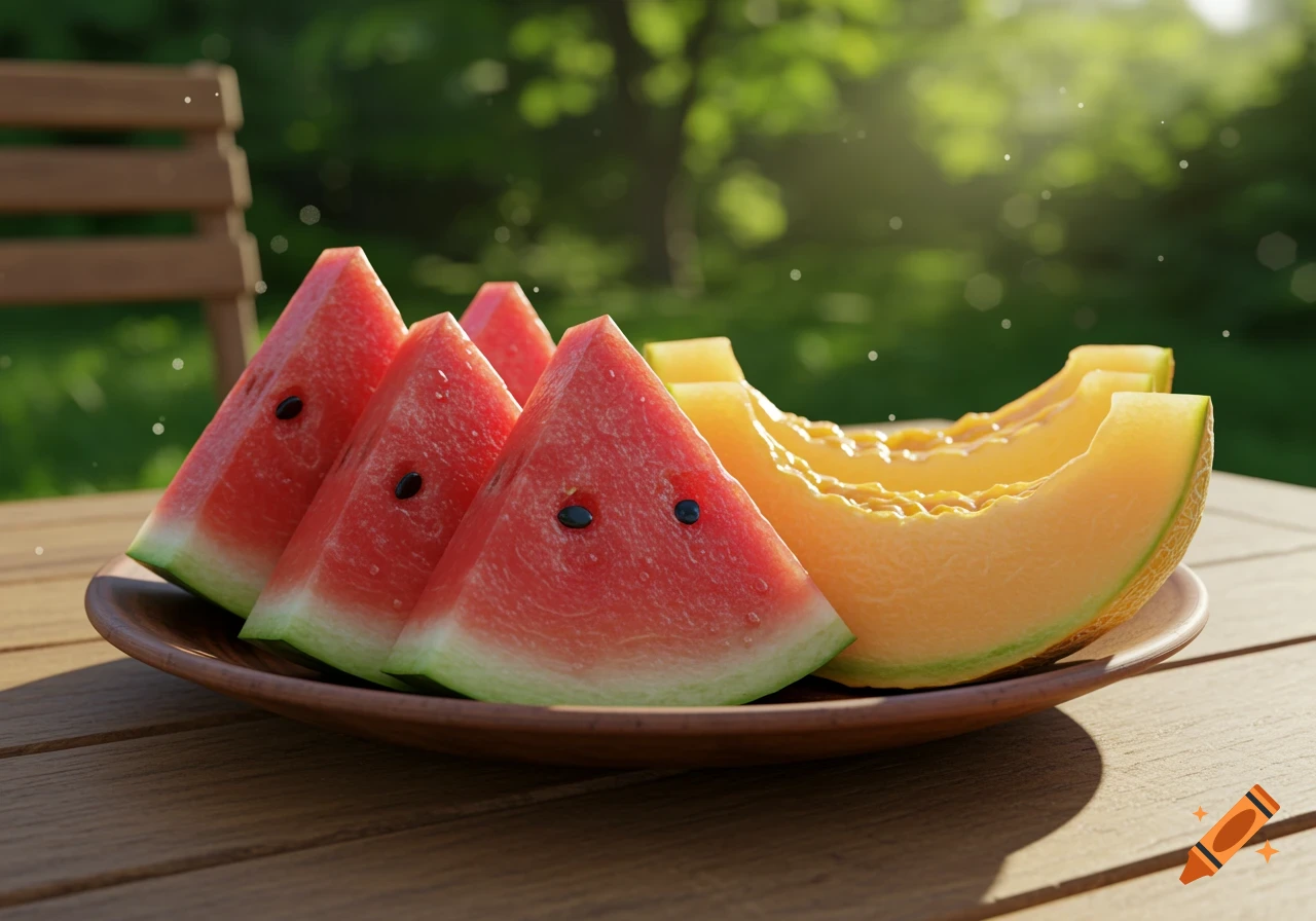 Ultra-realistic photo of juicy watermelon and cantaloupe slices on a wooden plate outdoors in soft sunlight.