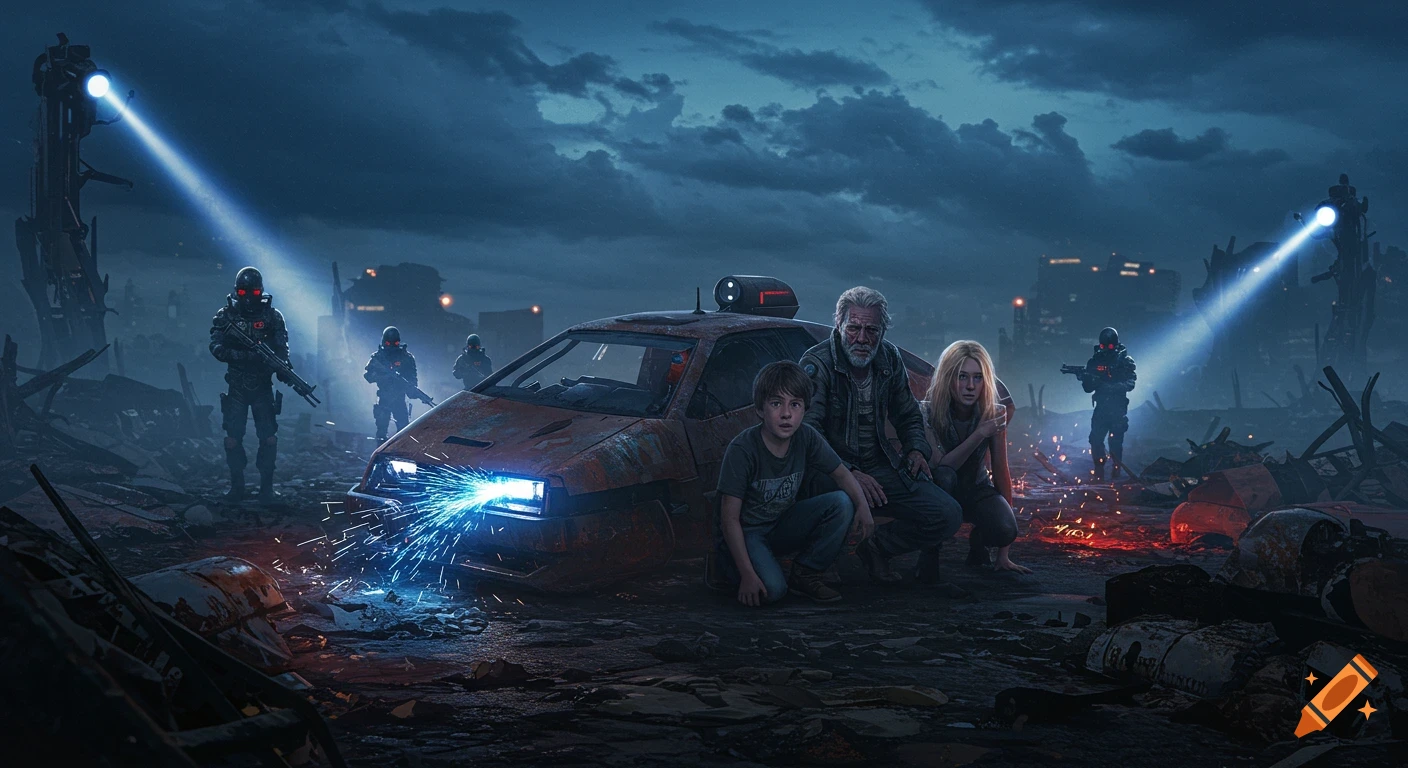 A hyper-realistic, cinematic image of an old man, boy, and woman hiding behind a car in a destroyed city as cyberpunk soldiers search with bright spotlights.