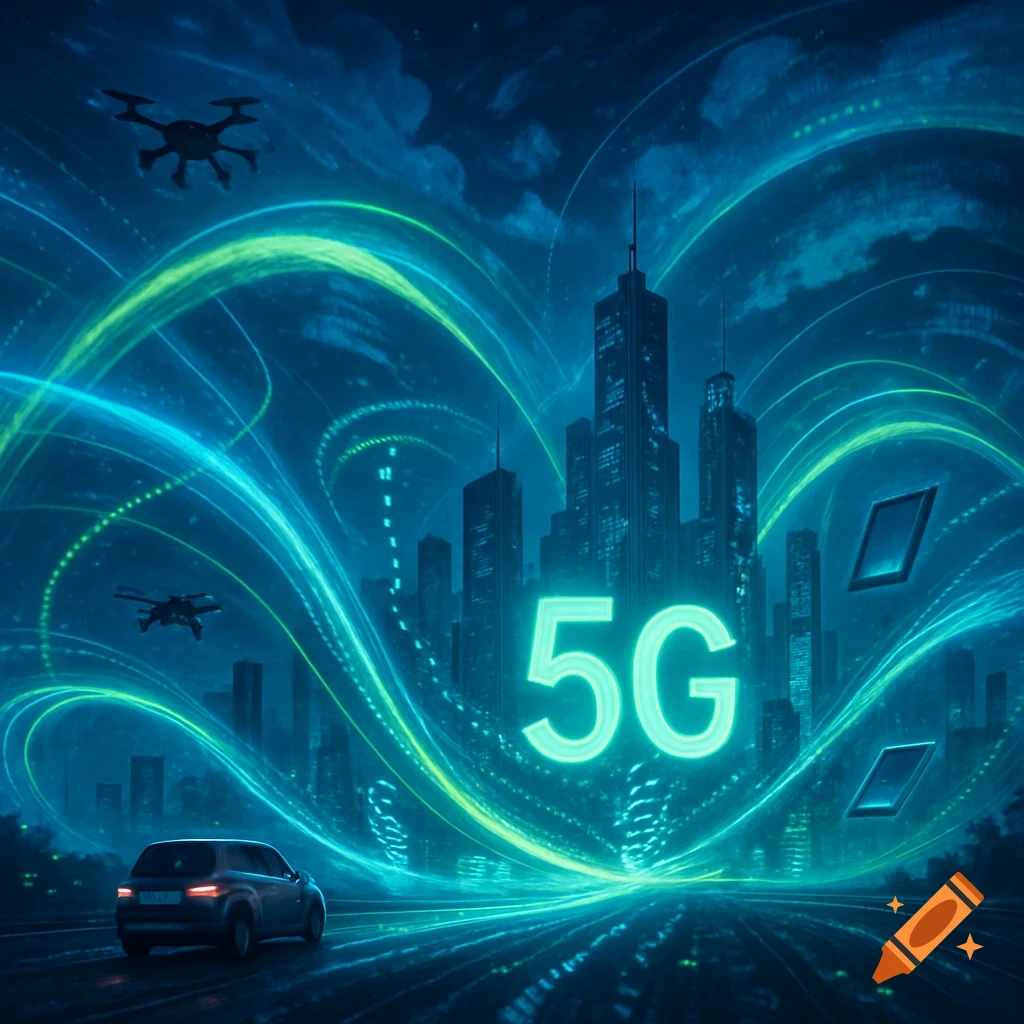 A futuristic city scene at night with glowing blue and green data waves, skyscrapers, drones, a car on a road, and a large '5G' symbol.