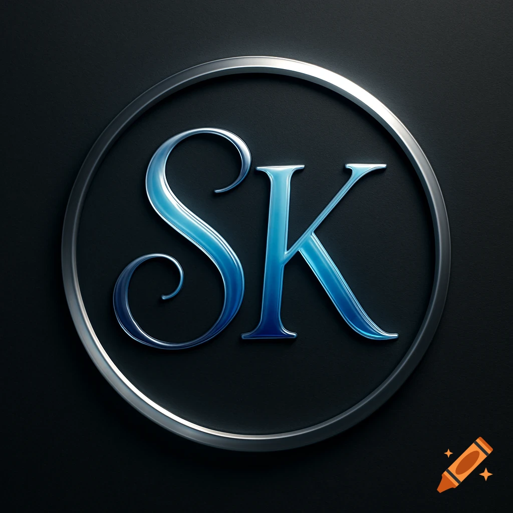Blue and silver metallic monogram 'SK' inside a silver circular frame on a dark background.
