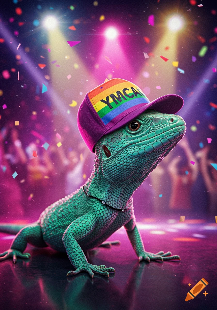 A vibrant teal lizard wearing a rainbow-striped 'YMCA' baseball cap stands on a reflective stage amidst falling confetti and purple spotlights at a lively party.