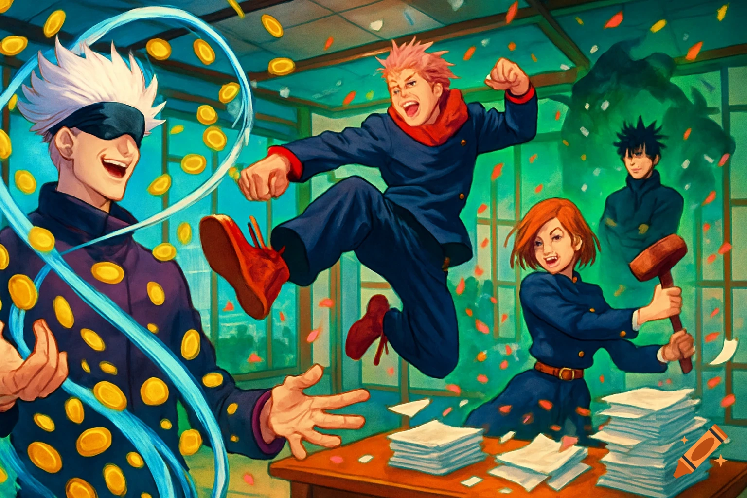 Energetic anime illustration of Jujutsu Kaisen characters indoors with coins and petals flying. Yuji jumps, Gojo smiles, Nobara holds a hammer, and Megumi watches.