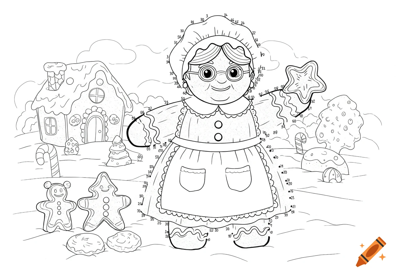 Black and white dot-to-dot drawing of a gingerbread grandma in a gingerbread world with a house and gingerbread men.