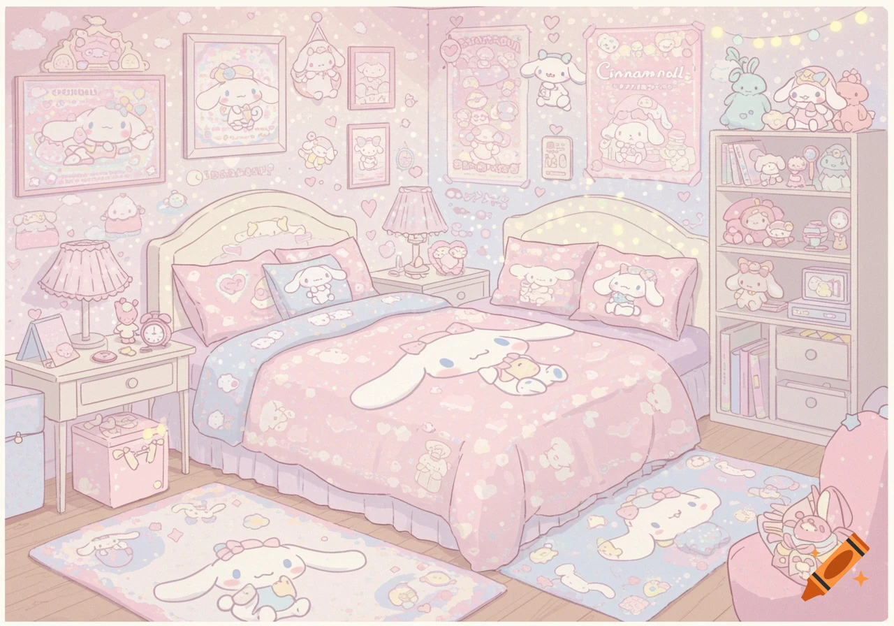 A pastel pink and blue Cinnamoroll-themed bedroom with a plush bed, decorated walls with posters and decals, a bookshelf, and rugs, all featuring the character.