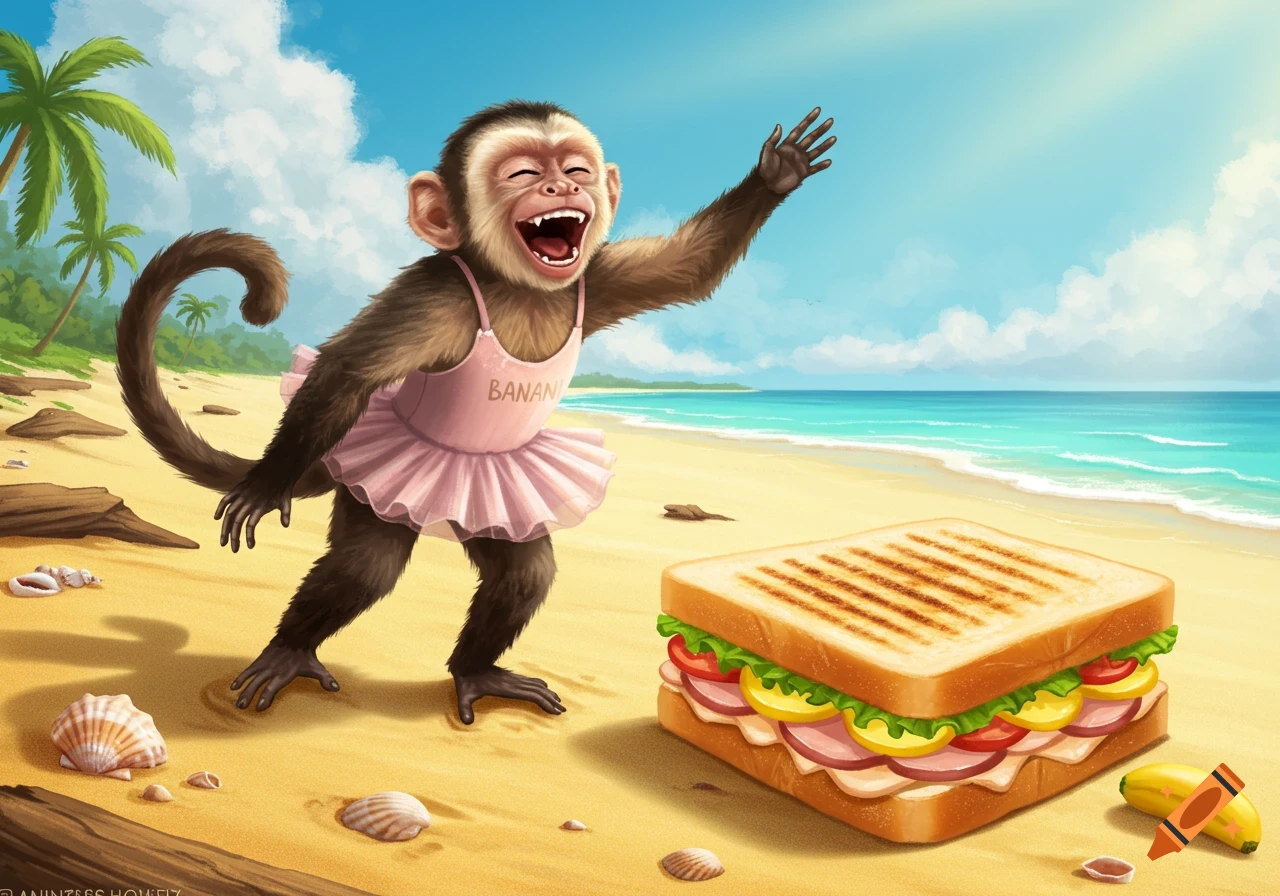 A laughing capuchin monkey in a pink tutu stands on a beach next to a giant grilled sandwich and a banana.