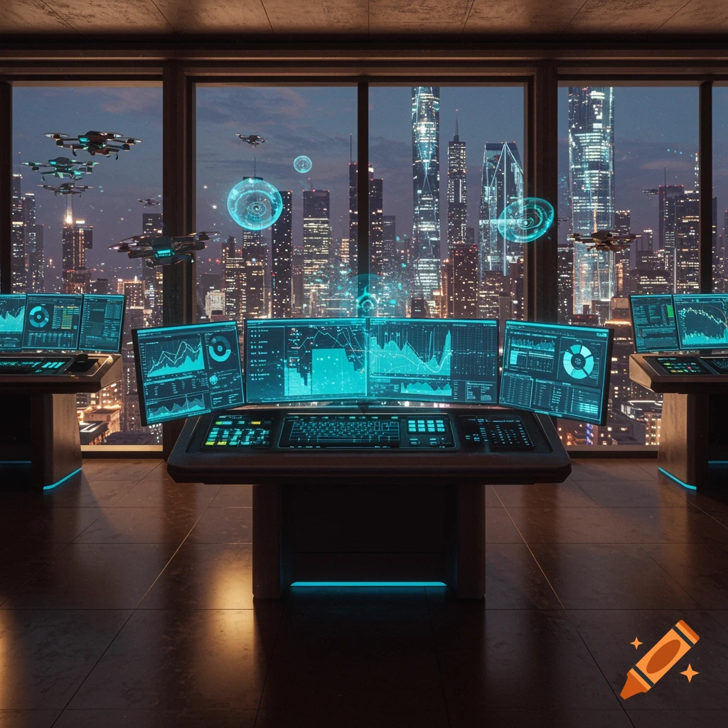 A photorealistic futuristic control room with multiple screens displaying data, overlooking a neon-lit city skyline at night with flying drones.
