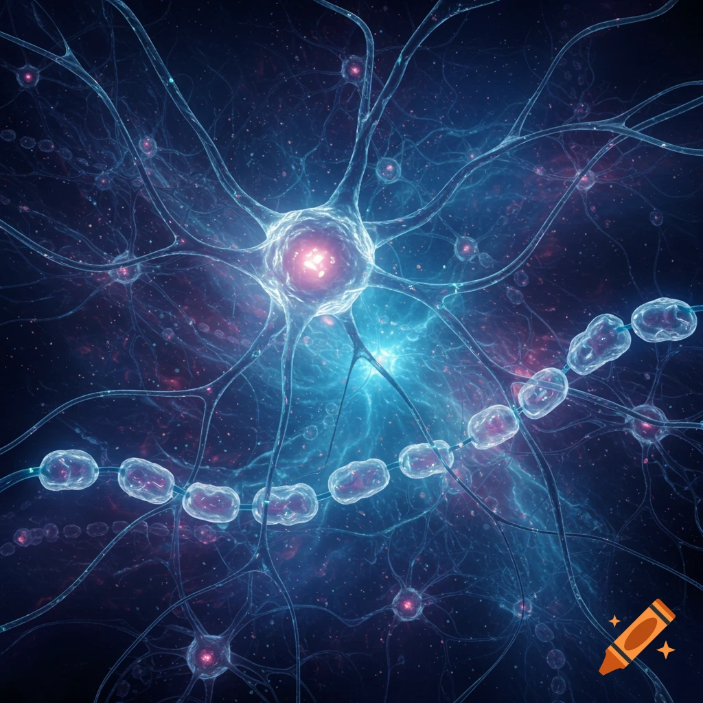 Close-up of a glowing neuron with branching dendrites and an axon surrounded by other neural connections against a dark, cosmic background.