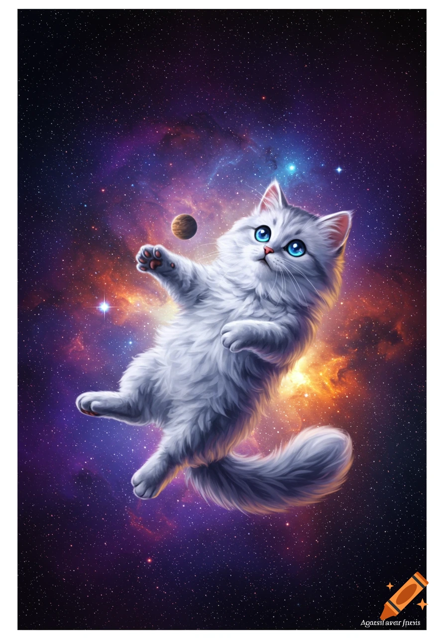 A fluffy white cat with bright blue eyes floats in colorful deep space with stars and a small planet.