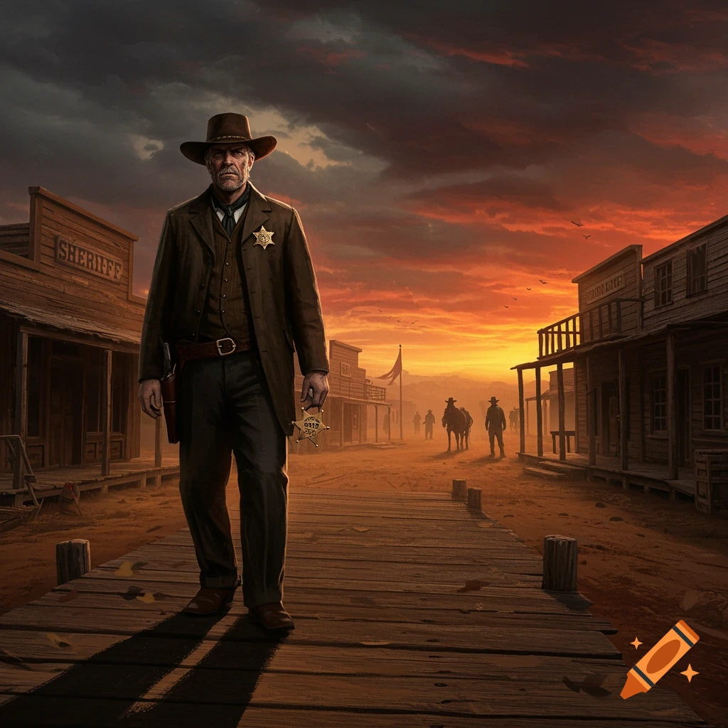 A photorealistic image of a sheriff holding a badge in a Western town at sunset. Buildings line a dirt street.